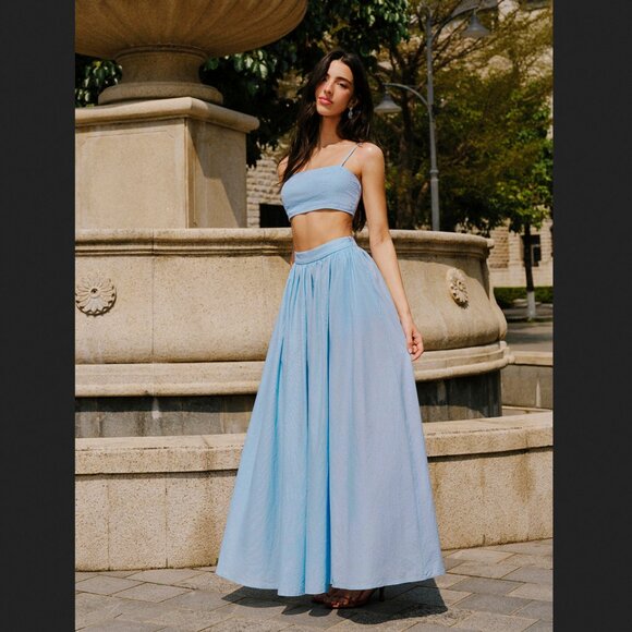 Commense Dresses & Skirts - Commense Medium Blue Linen Blend Crop Top And Maxi Skirt Set Summer Coastal NEW